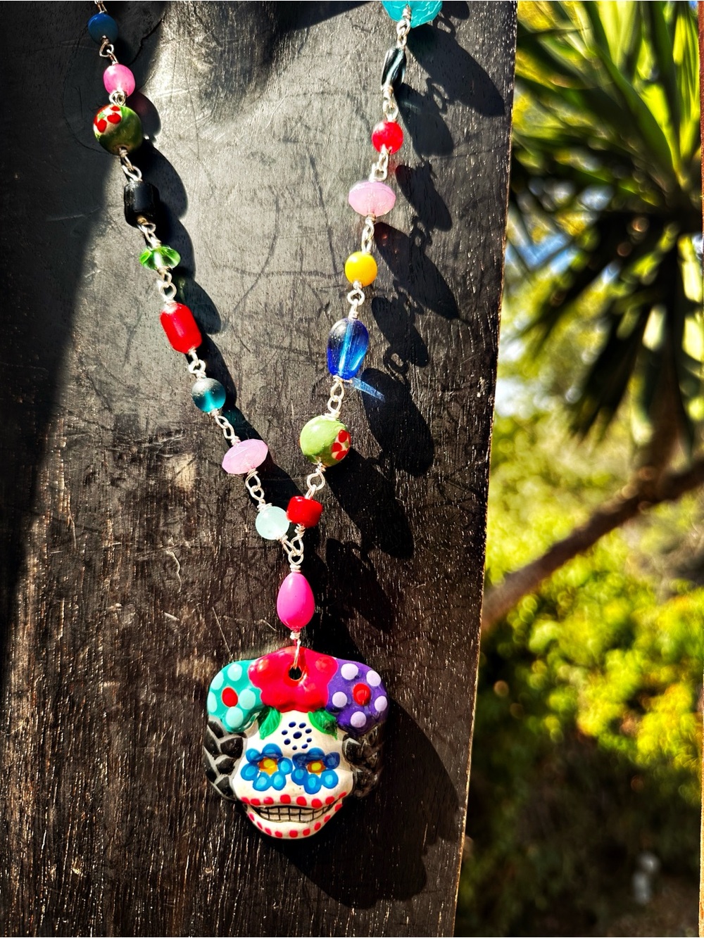 Ceramic, Glass Beaded Dia de los Muertos Statement, ceramic bead details